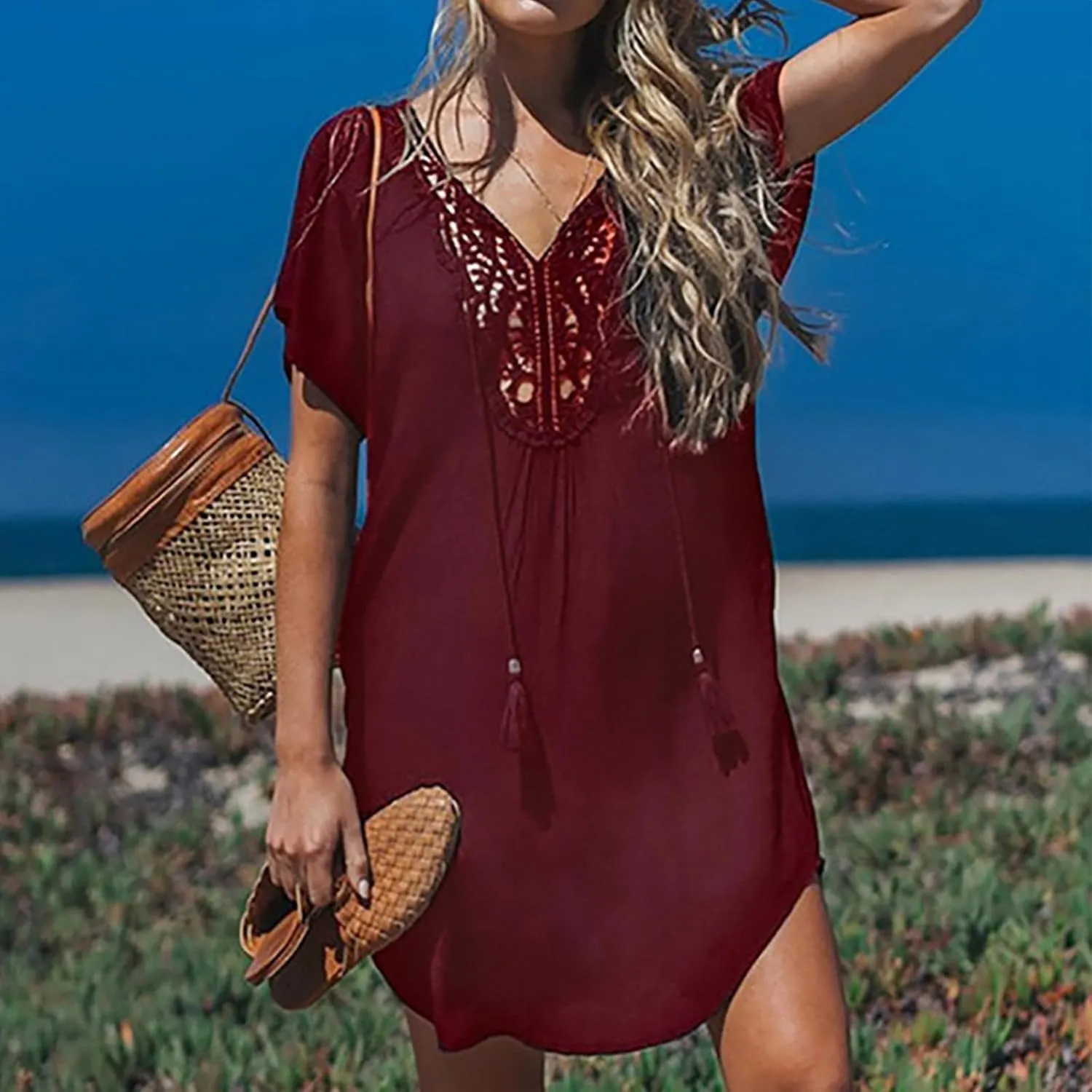 Swimsuit Coverup for Women Crochet Dress Lace V Neck Swim Cover Up Summer Plain Short Sleeve Flowy Beach Dress