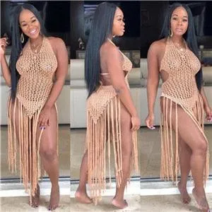 T-BOO  Crochet Fishnet Tassel Beach Dress Sexy Fashion Backless Halter Maxi Dress for Women Tunic Swimwear Outfits