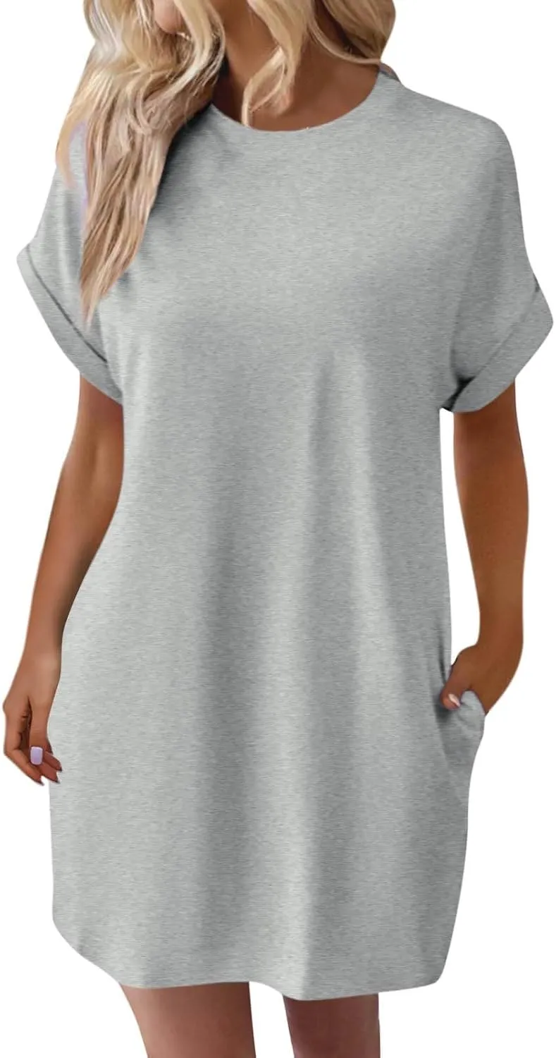 T Shirt Dresses for Women Summer Short Sleeve Tee Shirt Dress Crew Neck Loose Solid Color Basic Dresses with Pockets