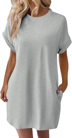 T Shirt Dresses for Women Summer Short Sleeve Tee Shirt Dress Crew Neck Loose Solid Color Basic Dresses with Pockets