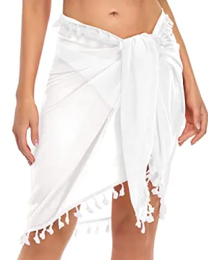 Tasseled Beach Sarong Cover Up Bathing Suits Wraps For Women-White