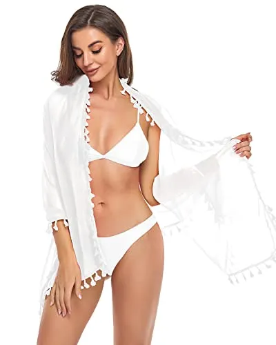 Tasseled Beach Sarong Cover Up Bathing Suits Wraps For Women-White