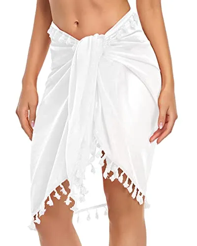 Tasseled Beach Sarong Cover Up Bathing Suits Wraps For Women-White