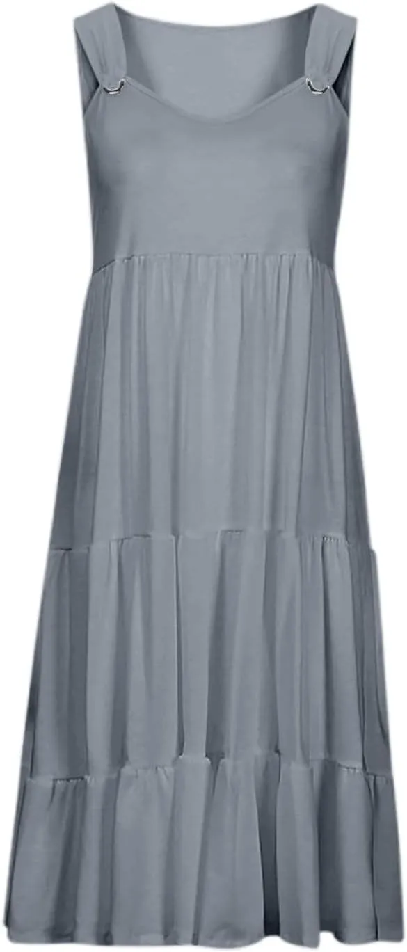 Tea Party Dresses for Woman Vintage Spaghetti Straps Tiered Ruffle Swing Knee Length Dress Vacation Sun Cover Up for Women