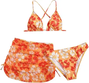 Teens Girls Flower Swimsuit 3 Piece Bathing Suits Cute Quick Dry Bikini Tankini Sets with Cover Ups Beach Skirt