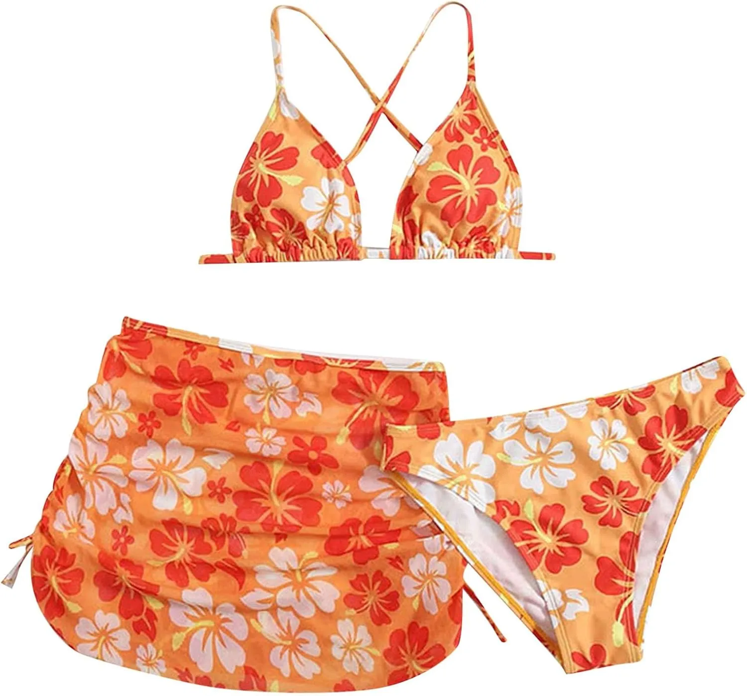 Teens Girls Flower Swimsuit 3 Piece Bathing Suits Cute Quick Dry Bikini Tankini Sets with Cover Ups Beach Skirt