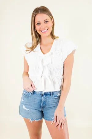 Textured Smocked Bubble Sleeve Peplum Top