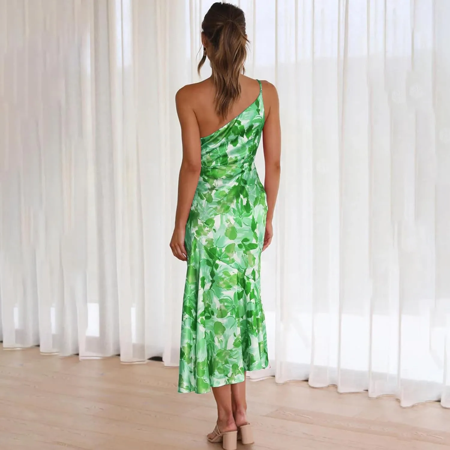 TICIFEN Women's Floral Print One Shoulder Dress Ruched Sleeveless Boho Long Y2k Beach Cocktail Party Wedding Guest Dresses