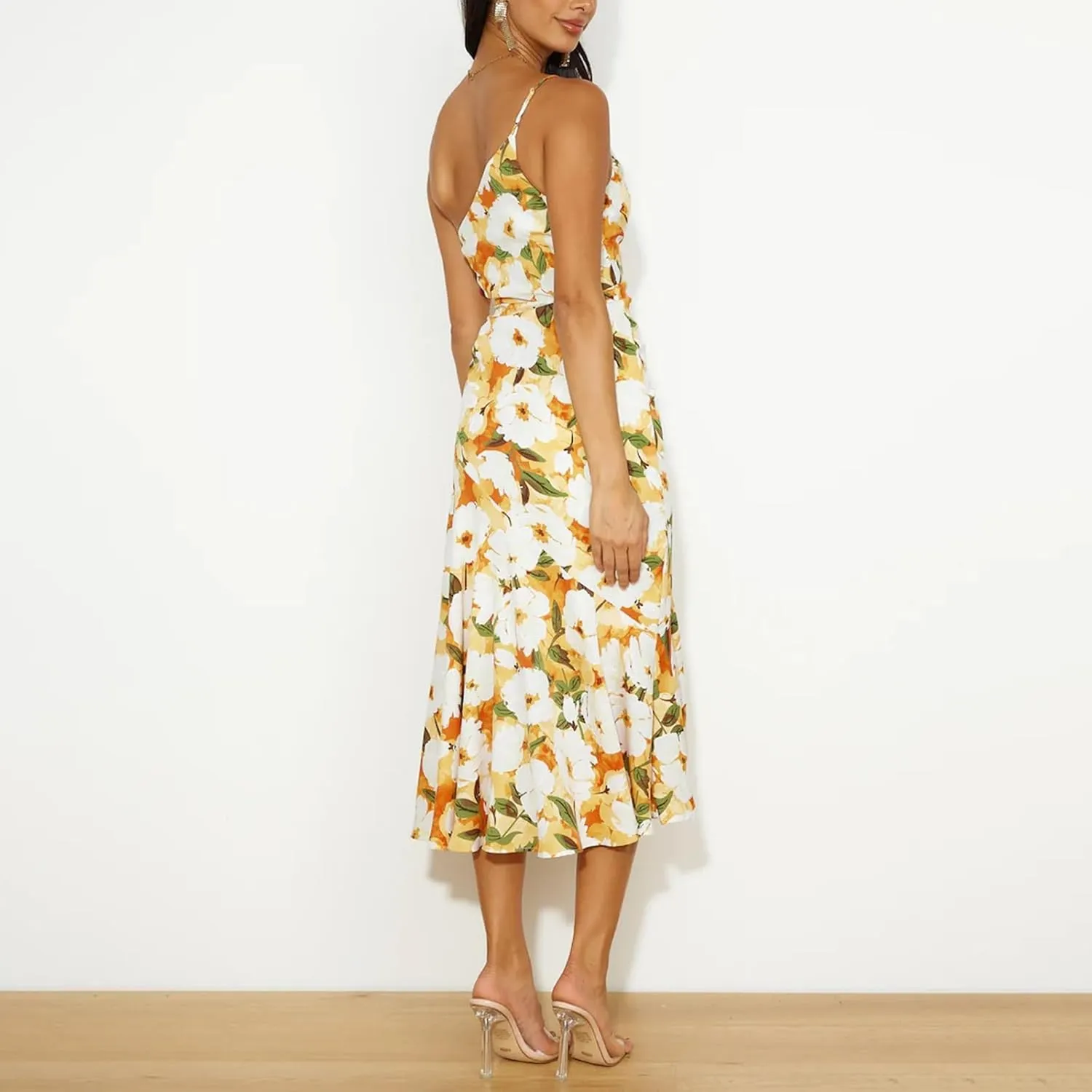 TICIFEN Women's Floral Print One Shoulder Dress Ruched Sleeveless Boho Long Y2k Beach Cocktail Party Wedding Guest Dresses