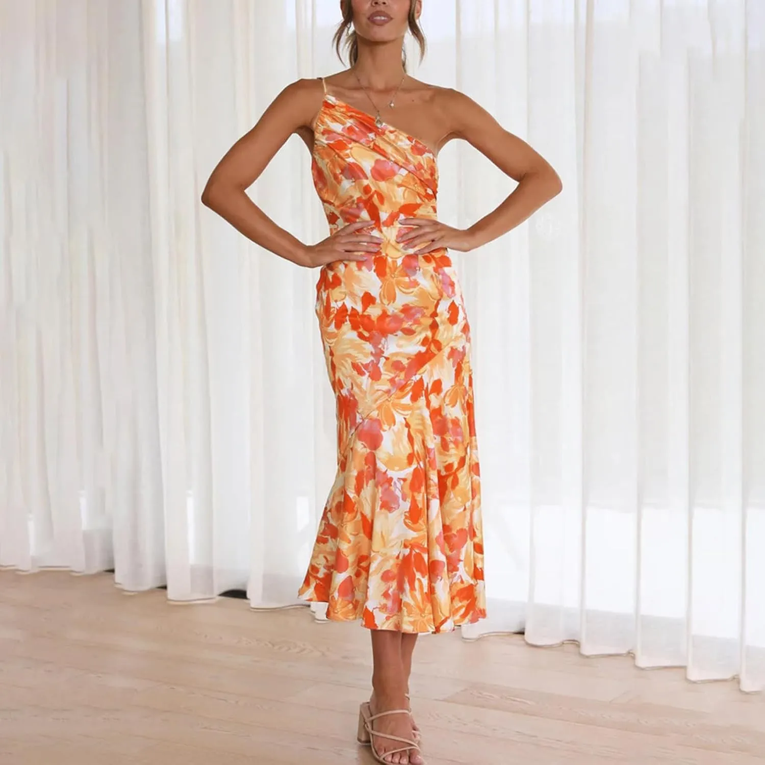 TICIFEN Women's Floral Print One Shoulder Dress Ruched Sleeveless Boho Long Y2k Beach Cocktail Party Wedding Guest Dresses