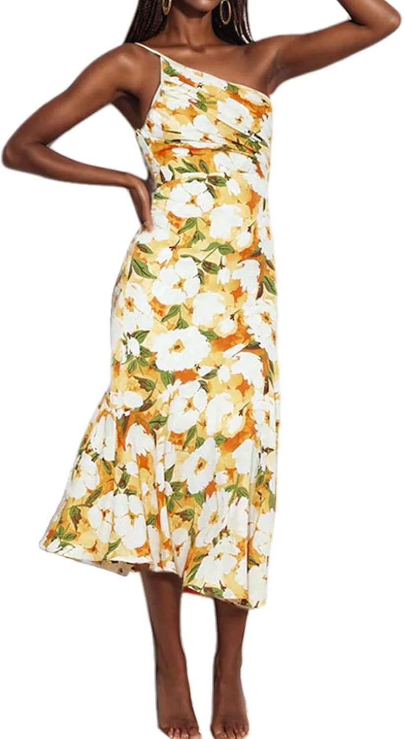 TICIFEN Women's Floral Print One Shoulder Dress Ruched Sleeveless Boho Long Y2k Beach Cocktail Party Wedding Guest Dresses