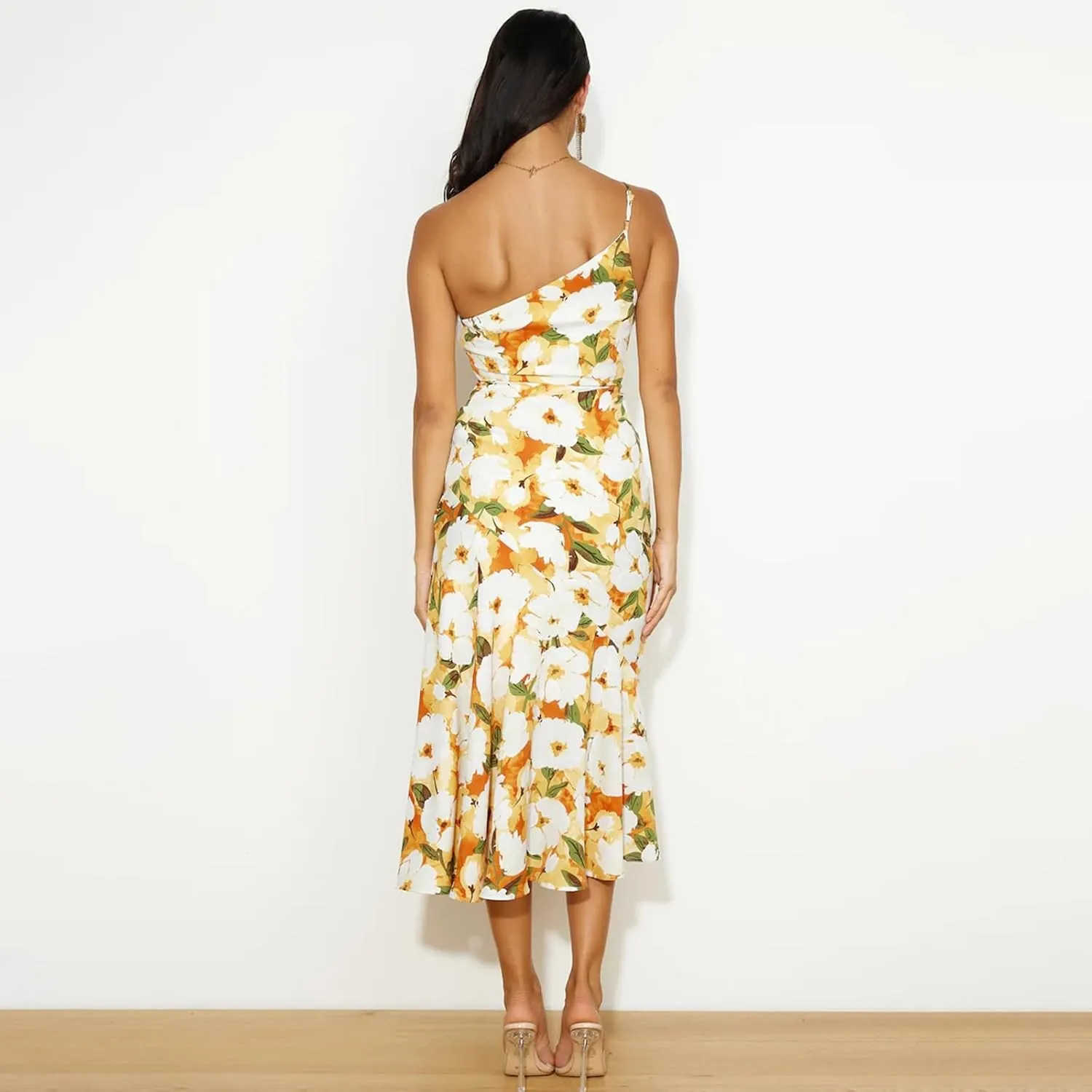 TICIFEN Women's Floral Print One Shoulder Dress Ruched Sleeveless Boho Long Y2k Beach Cocktail Party Wedding Guest Dresses