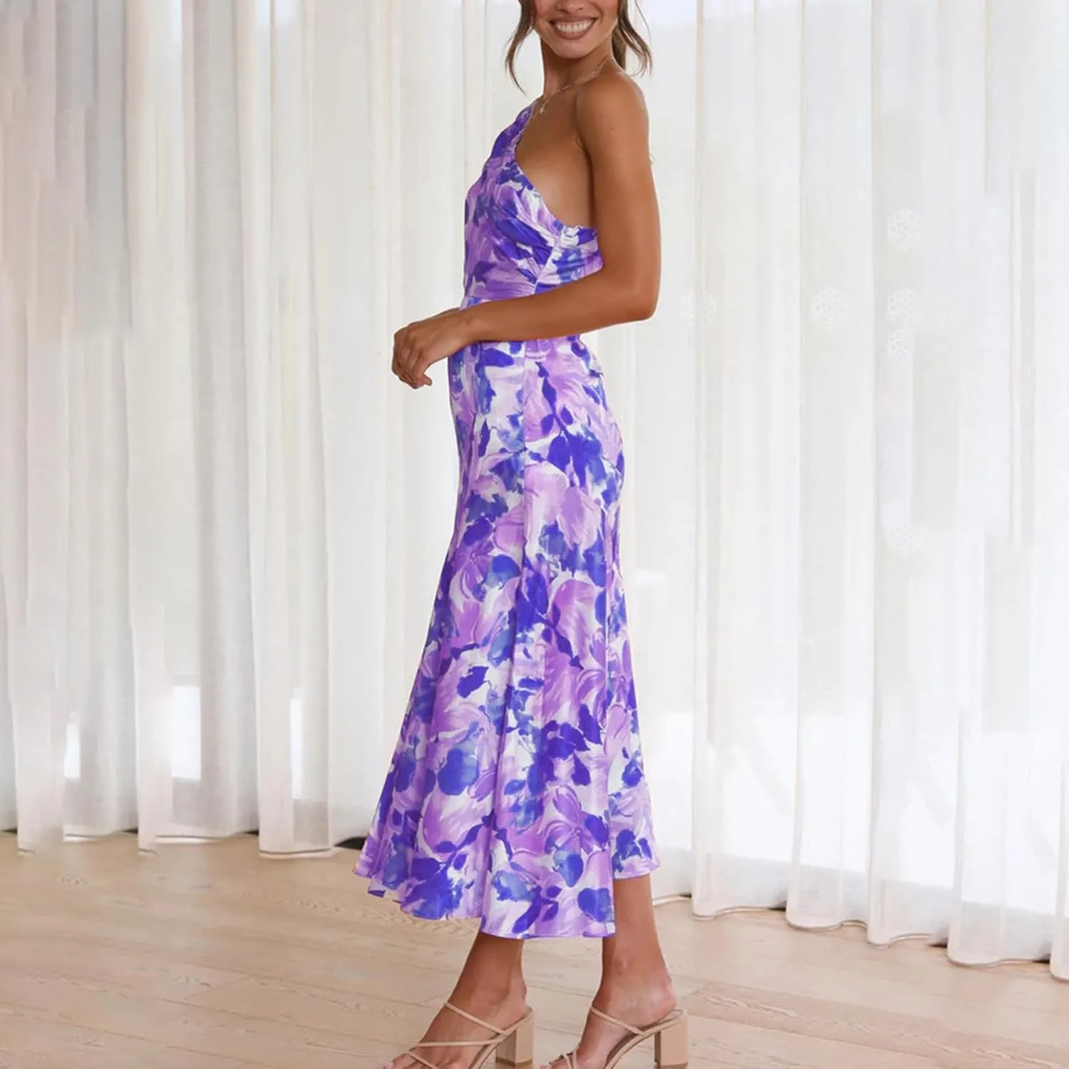 TICIFEN Women's Floral Print One Shoulder Dress Ruched Sleeveless Boho Long Y2k Beach Cocktail Party Wedding Guest Dresses