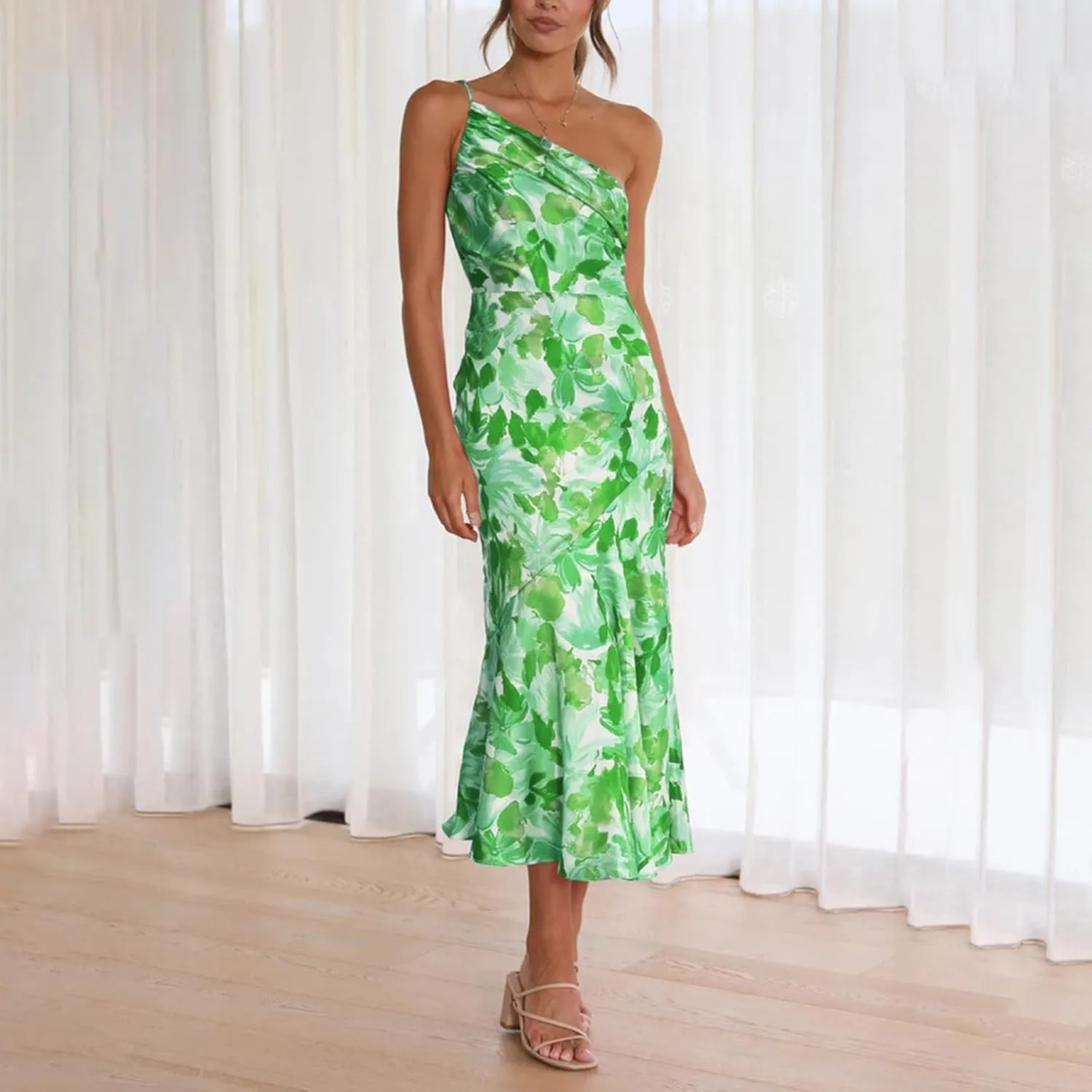 TICIFEN Women's Floral Print One Shoulder Dress Ruched Sleeveless Boho Long Y2k Beach Cocktail Party Wedding Guest Dresses