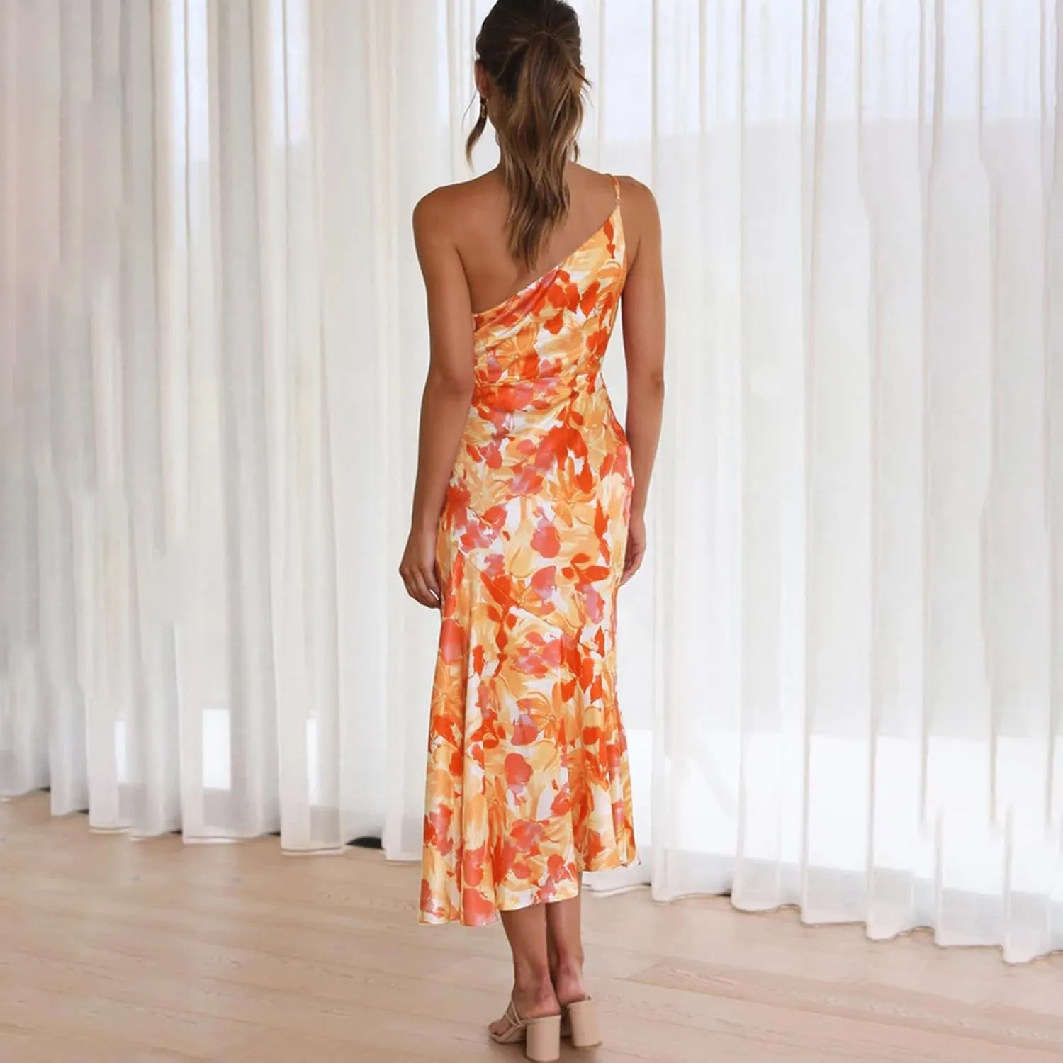 TICIFEN Women's Floral Print One Shoulder Dress Ruched Sleeveless Boho Long Y2k Beach Cocktail Party Wedding Guest Dresses
