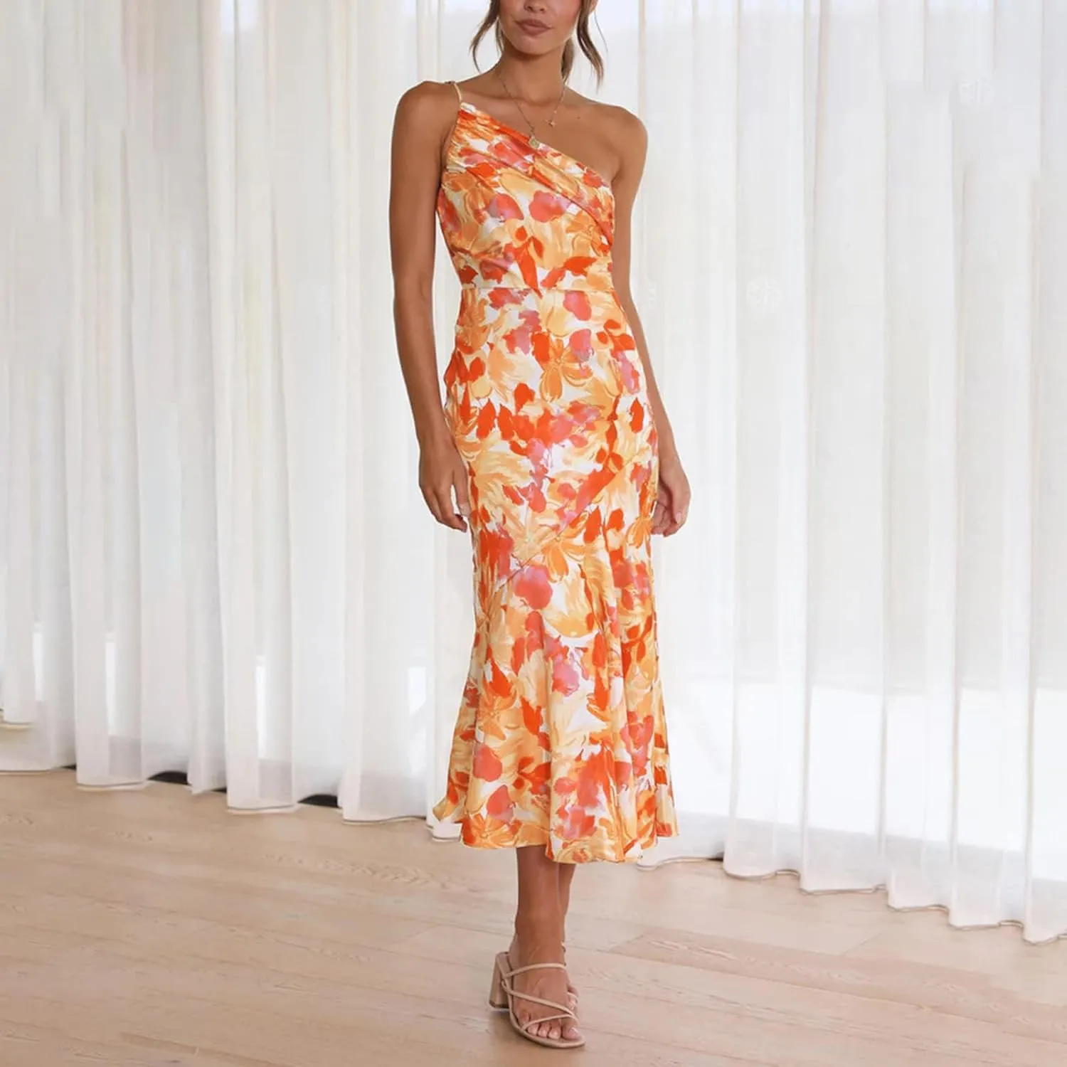 TICIFEN Women's Floral Print One Shoulder Dress Ruched Sleeveless Boho Long Y2k Beach Cocktail Party Wedding Guest Dresses