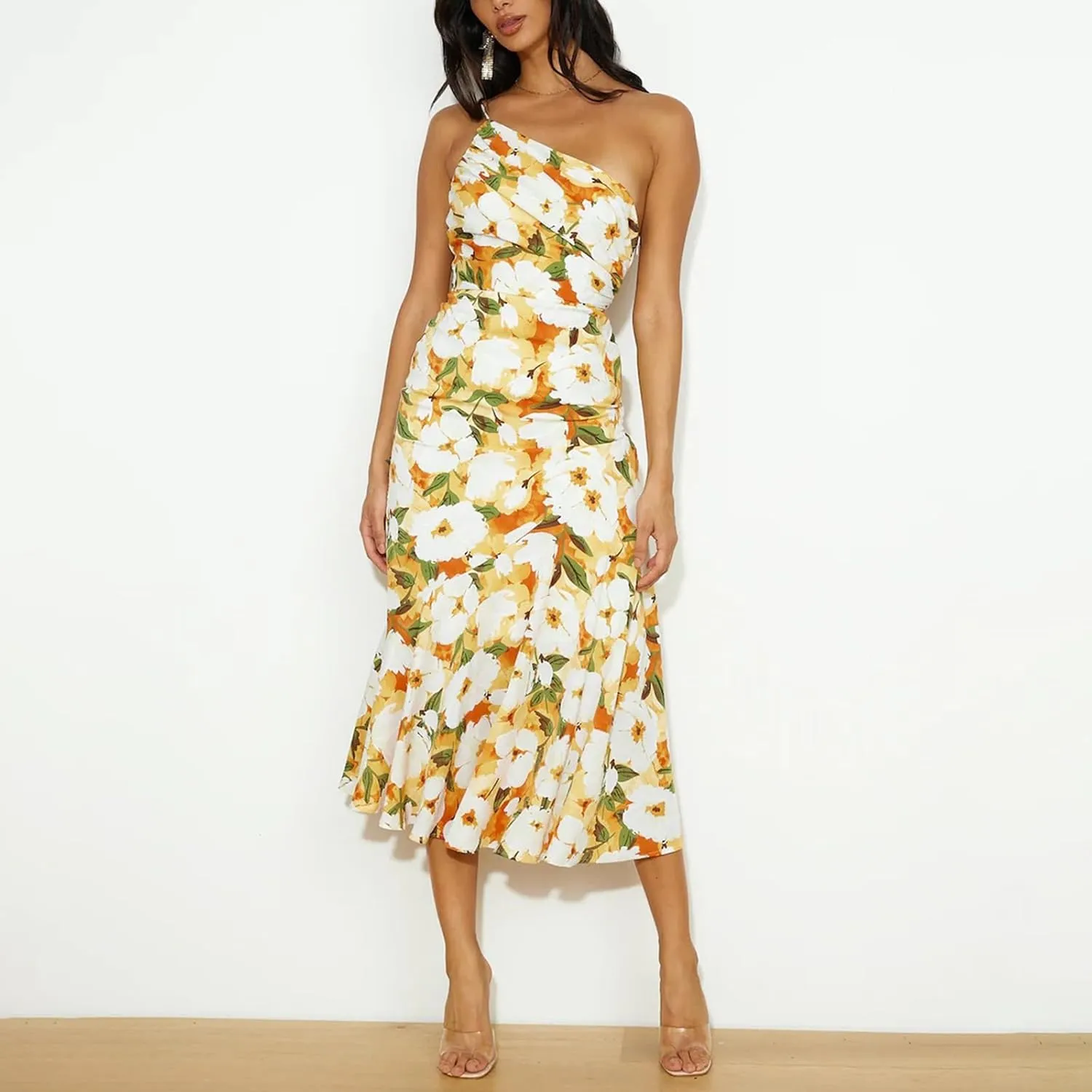 TICIFEN Women's Floral Print One Shoulder Dress Ruched Sleeveless Boho Long Y2k Beach Cocktail Party Wedding Guest Dresses