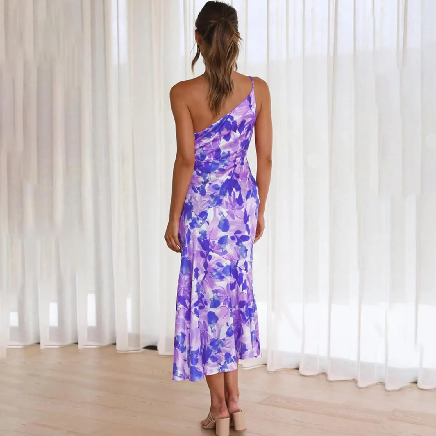 TICIFEN Women's Floral Print One Shoulder Dress Ruched Sleeveless Boho Long Y2k Beach Cocktail Party Wedding Guest Dresses