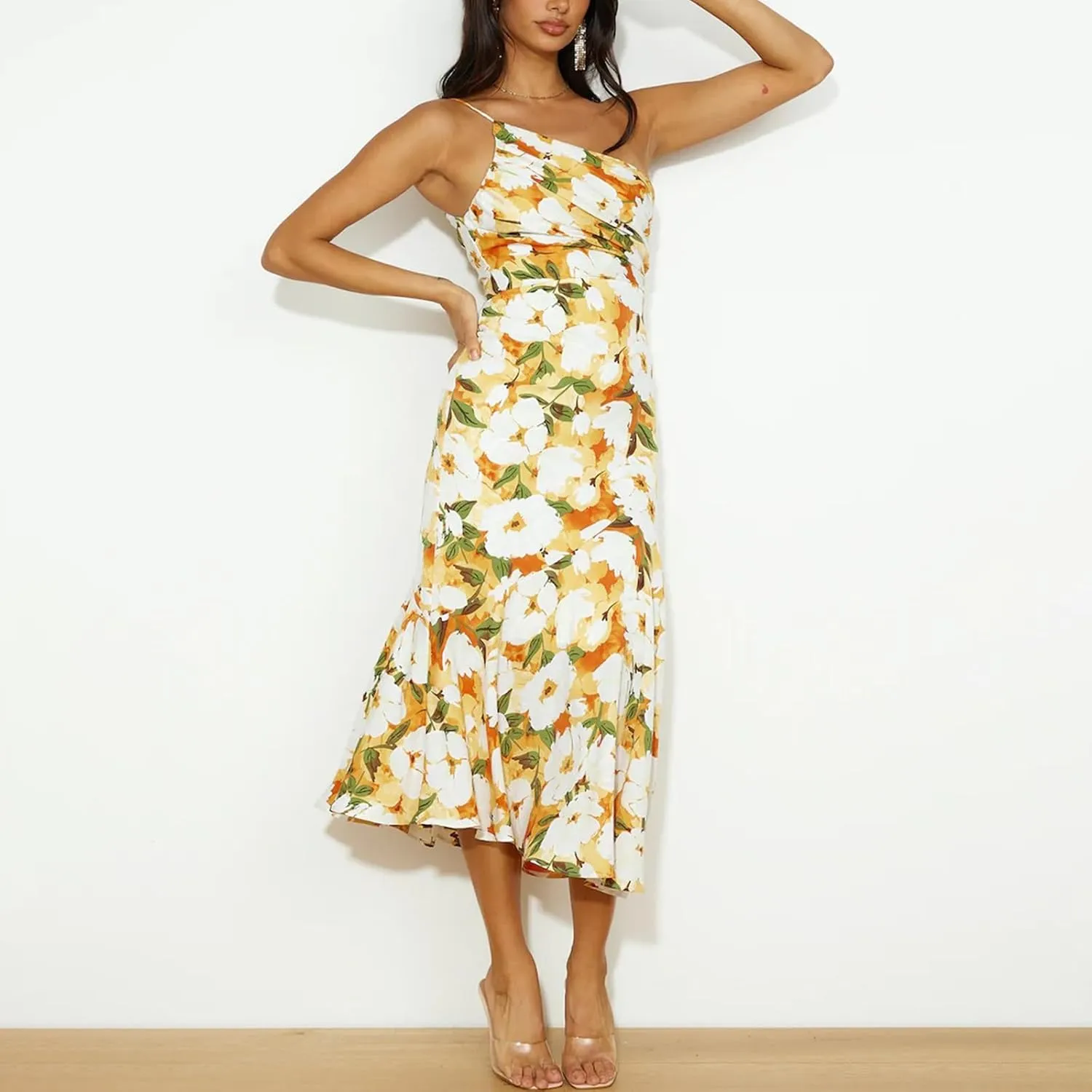 TICIFEN Women's Floral Print One Shoulder Dress Ruched Sleeveless Boho Long Y2k Beach Cocktail Party Wedding Guest Dresses