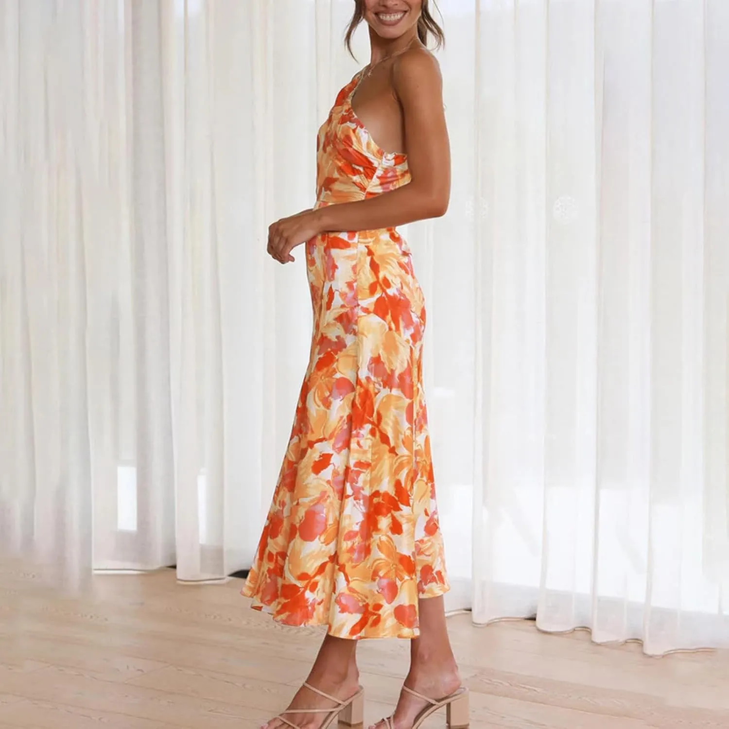TICIFEN Women's Floral Print One Shoulder Dress Ruched Sleeveless Boho Long Y2k Beach Cocktail Party Wedding Guest Dresses