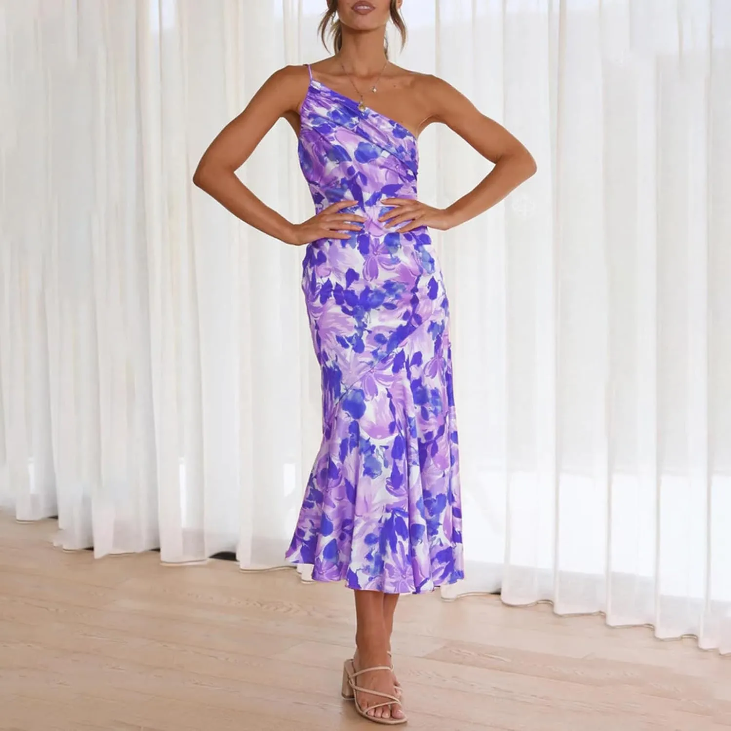 TICIFEN Women's Floral Print One Shoulder Dress Ruched Sleeveless Boho Long Y2k Beach Cocktail Party Wedding Guest Dresses