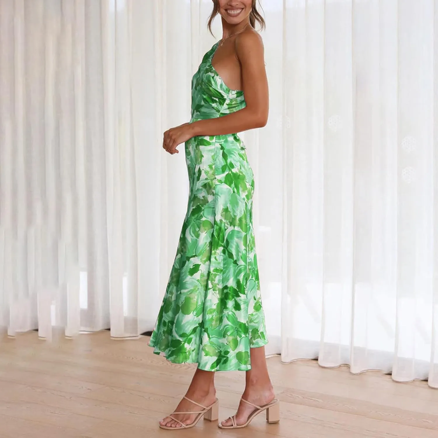 TICIFEN Women's Floral Print One Shoulder Dress Ruched Sleeveless Boho Long Y2k Beach Cocktail Party Wedding Guest Dresses