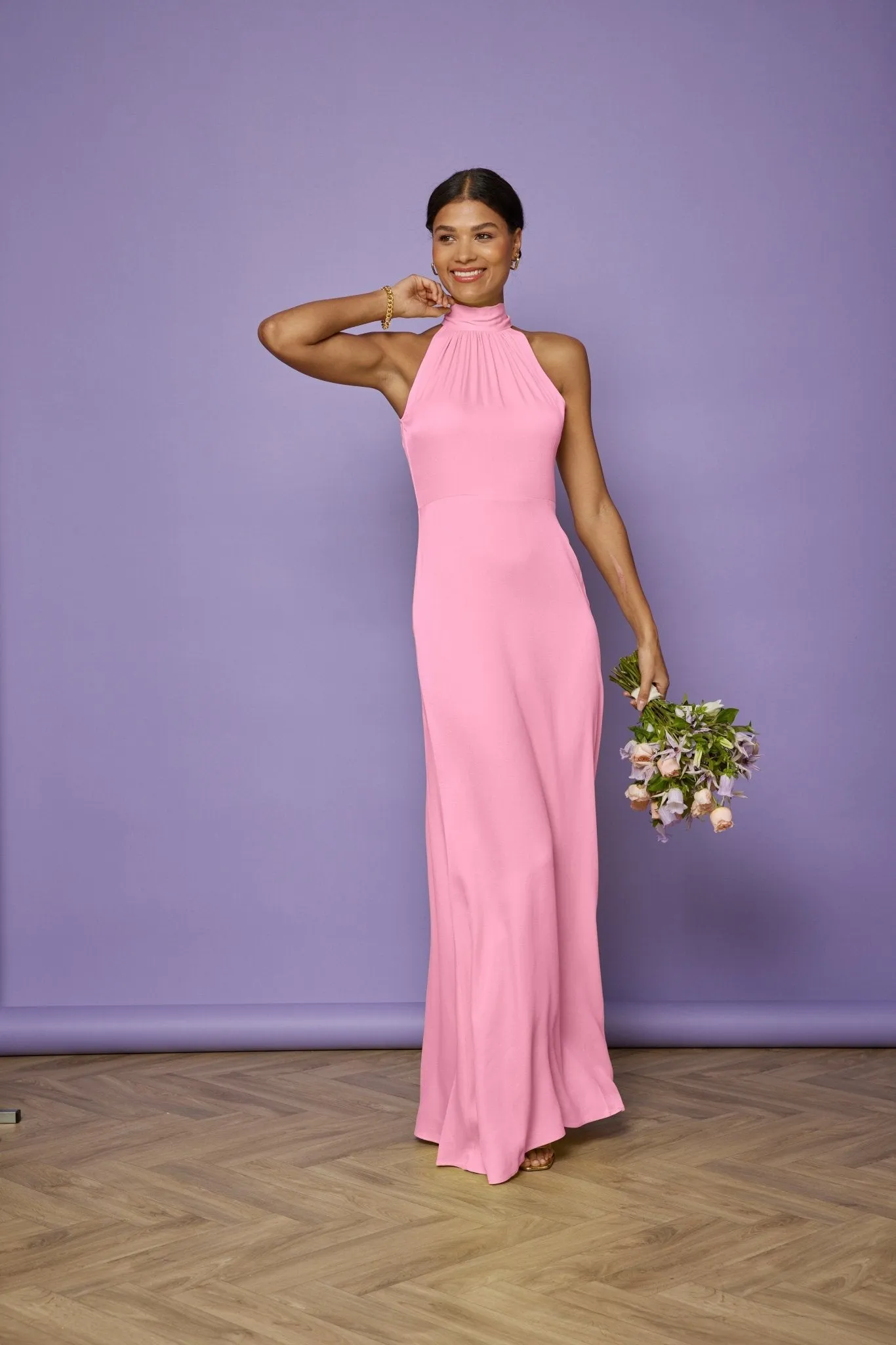 Tilly Satin High Neck Scarf Tie Halter Dress - Orchid Pink