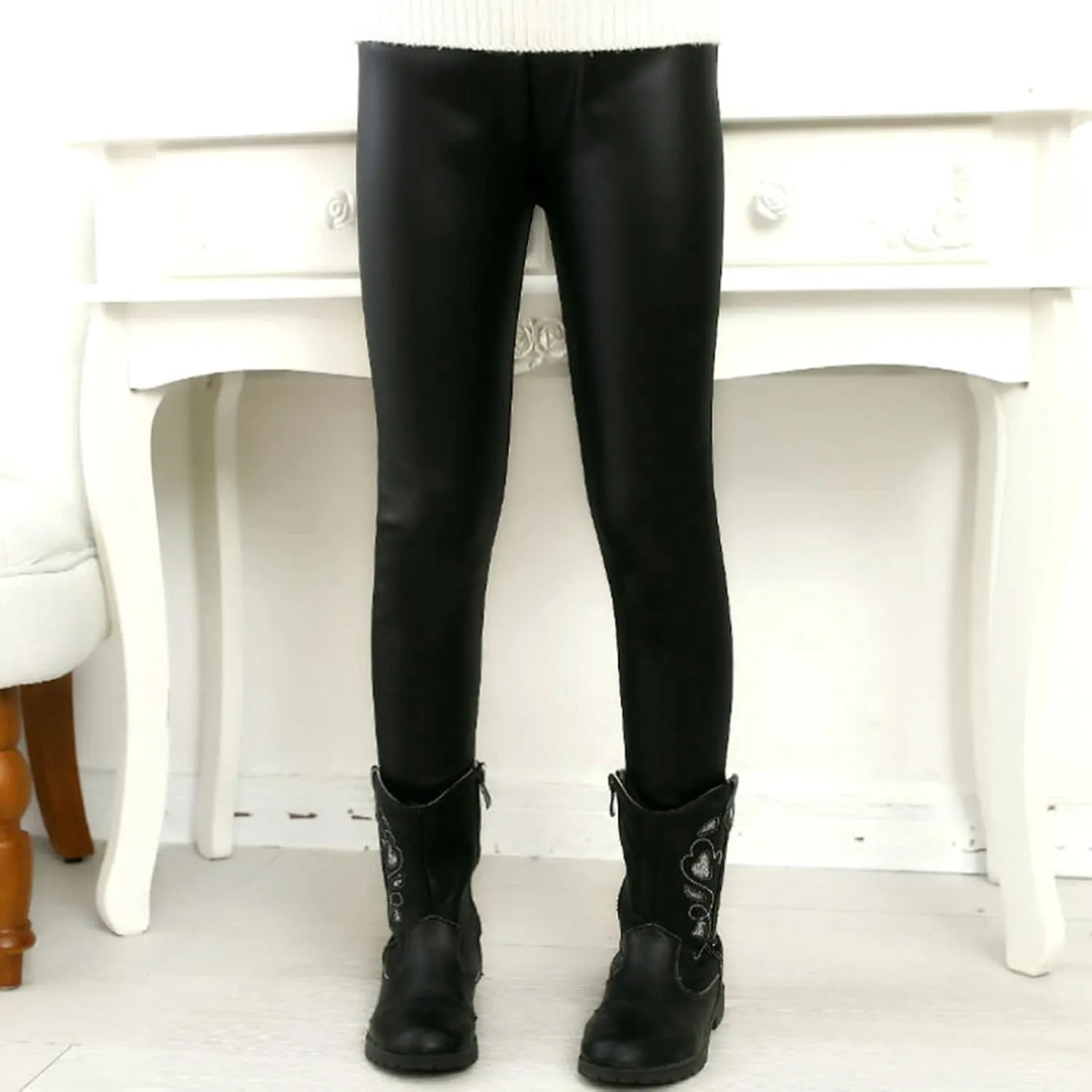 Toddler Kids Faux Leather Straight Wide Leg Pants Baggy Trousers with Pockets Ankle Length Stretchy Trousers