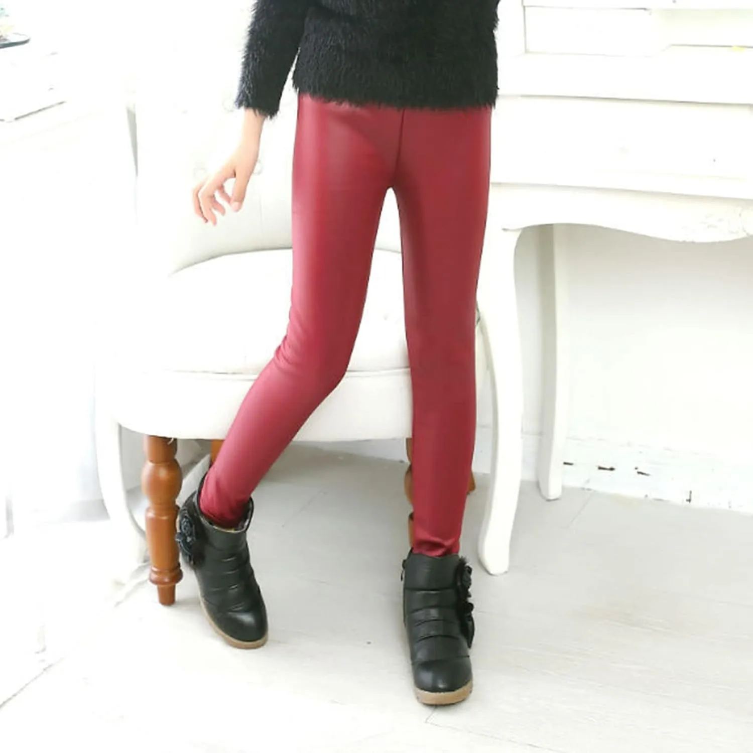 Toddler Kids Faux Leather Straight Wide Leg Pants Baggy Trousers with Pockets Ankle Length Stretchy Trousers