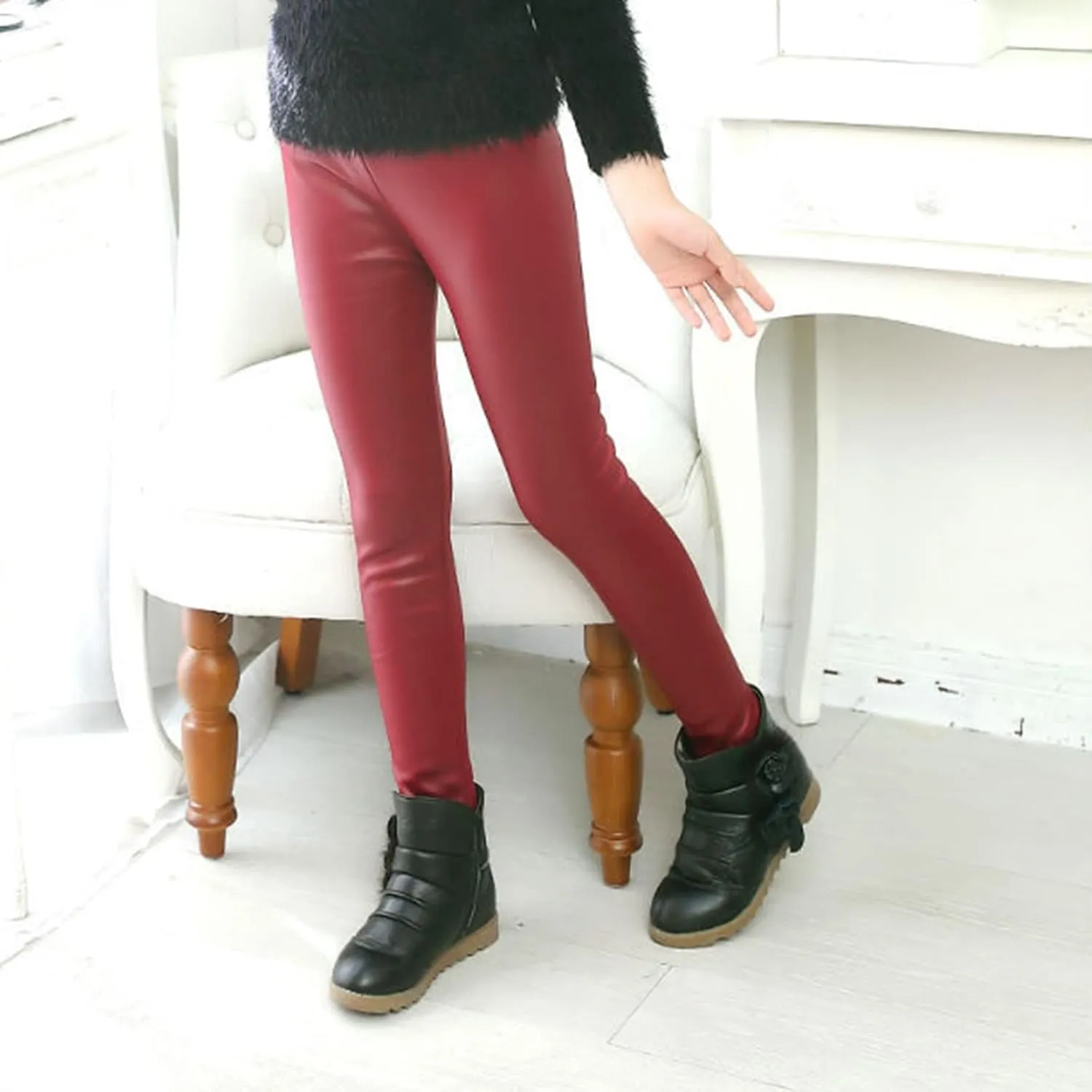Toddler Kids Faux Leather Straight Wide Leg Pants Baggy Trousers with Pockets Ankle Length Stretchy Trousers