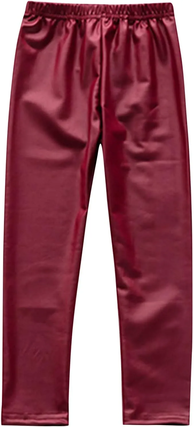 Toddler Kids Faux Leather Straight Wide Leg Pants Baggy Trousers with Pockets Ankle Length Stretchy Trousers