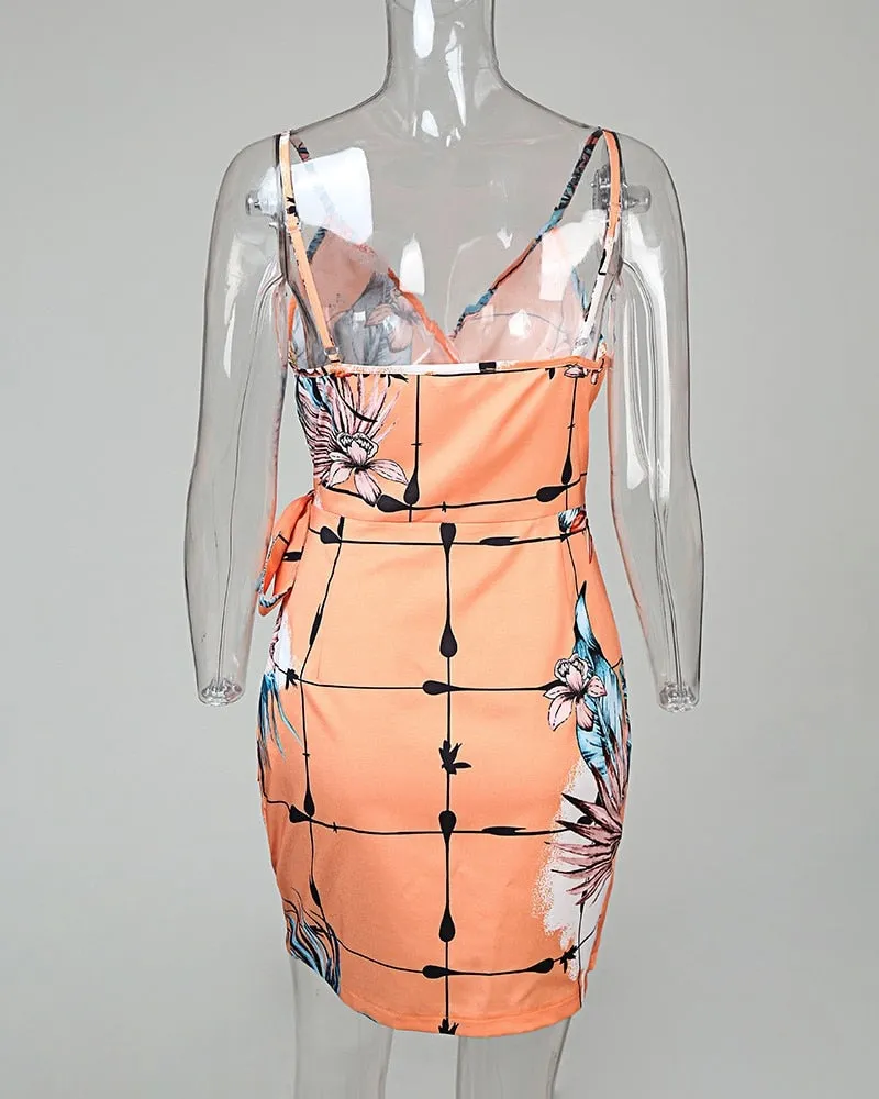 Tropical Print V-Neck Trendy Wrap Casual Dress