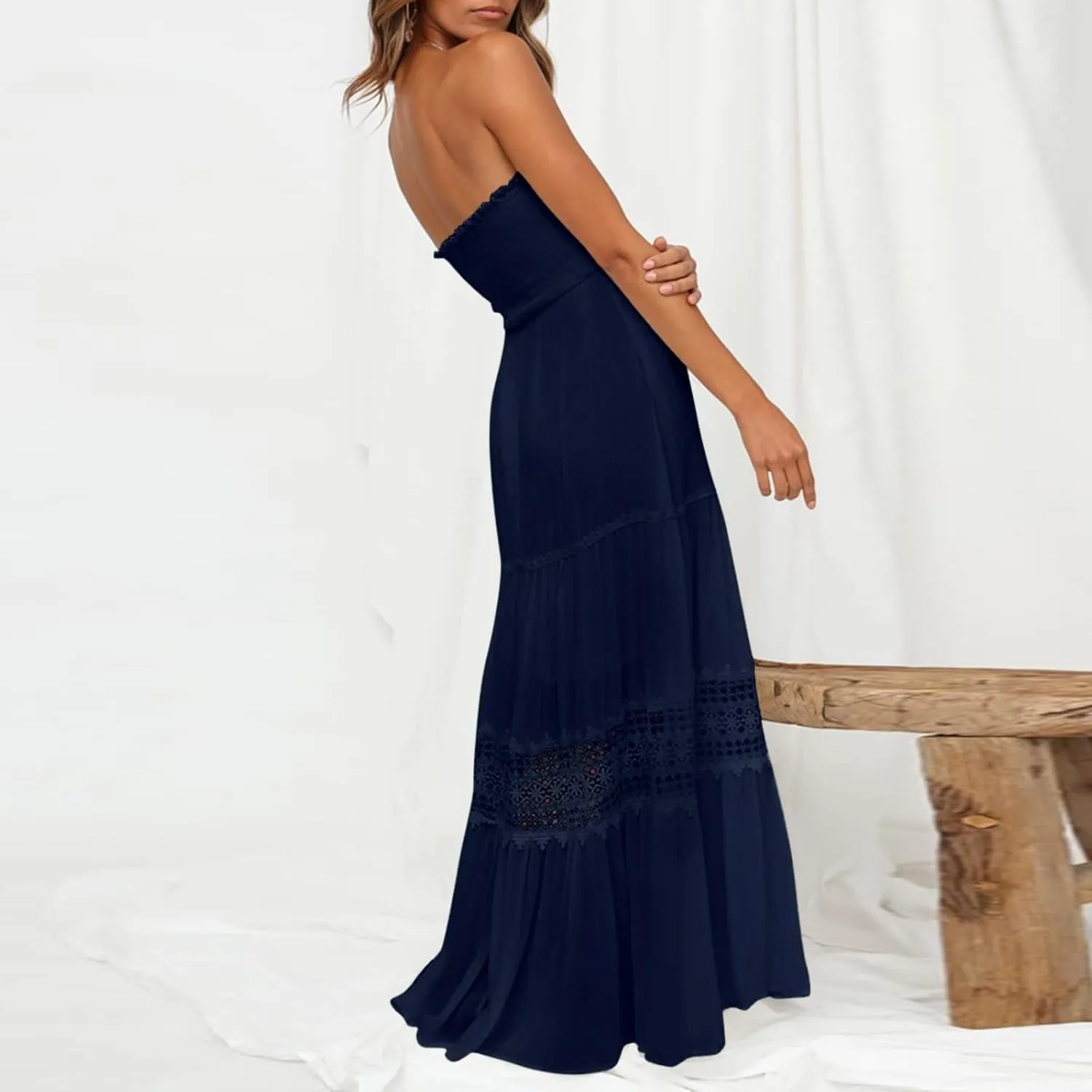 Tube Dresses For Women Maxi 2025 Summer Bohemian Strapless Sundress Off Shoulder Lace Trim Flowy A Line Beach Dress