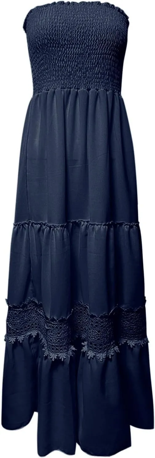 Tube Dresses For Women Maxi 2025 Summer Bohemian Strapless Sundress Off Shoulder Lace Trim Flowy A Line Beach Dress