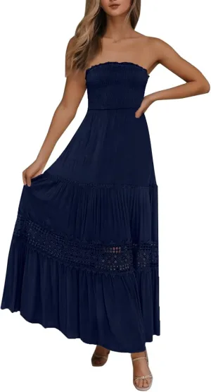 Tube Dresses For Women Maxi 2025 Summer Bohemian Strapless Sundress Off Shoulder Lace Trim Flowy A Line Beach Dress