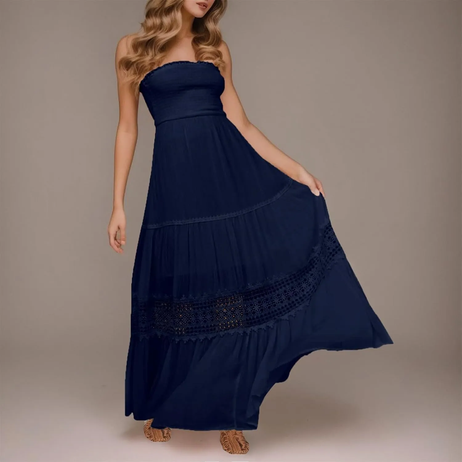 Tube Dresses For Women Maxi 2025 Summer Bohemian Strapless Sundress Off Shoulder Lace Trim Flowy A Line Beach Dress