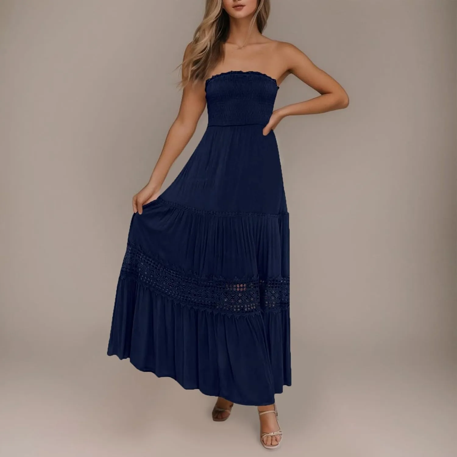 Tube Dresses For Women Maxi 2025 Summer Bohemian Strapless Sundress Off Shoulder Lace Trim Flowy A Line Beach Dress
