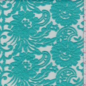 Turquoise Embroidered Stylized Floral Tulle Fabric
