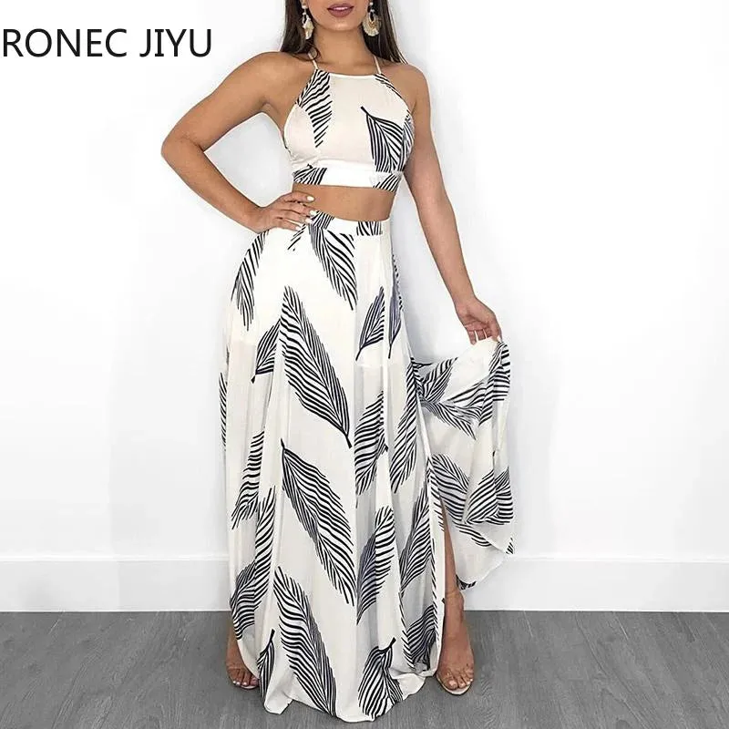 Two Pieces Leaf Print Backless Cami Top & Split Maxi Dress