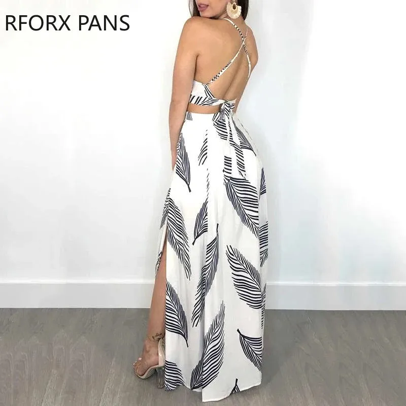 Two Pieces Leaf Print Backless Cami Top & Split Maxi Dress