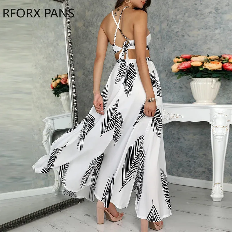 Two Pieces Leaf Print Backless Cami Top & Split Maxi Dress