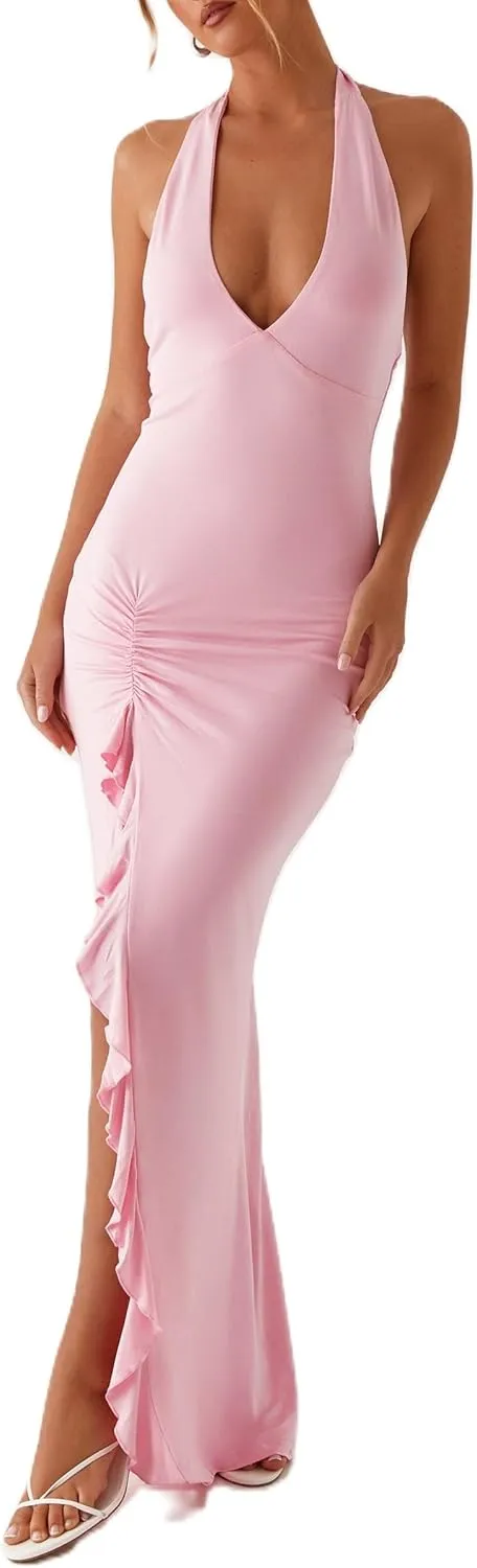 UAURORAO Women Backless Halter Maxi Dress Ruched Frill Ruffle Long Dresses Sexy V Neck High Slit Bodycon Sundress