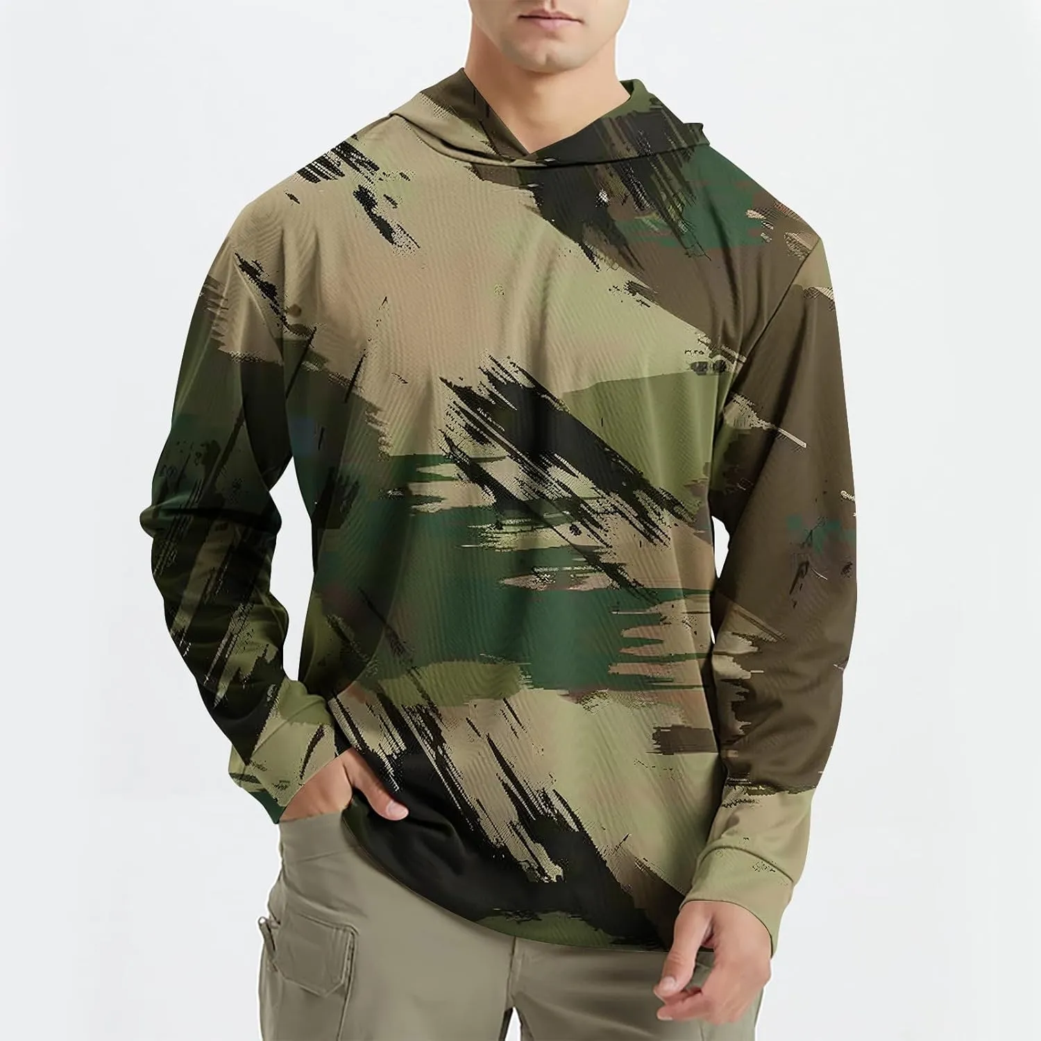 UPF 50  Sun Protection Rash Guard Mens Long Sleeve Camo Fishing Cooling Hoodie Summer Outdoor Swimming Hiking Shirts
