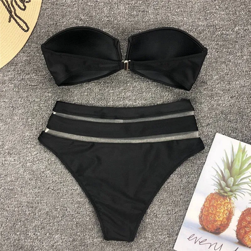 Upopby Sexy Solid Women's Swimsuit Hollow Bandeau High Waist Bikini Set