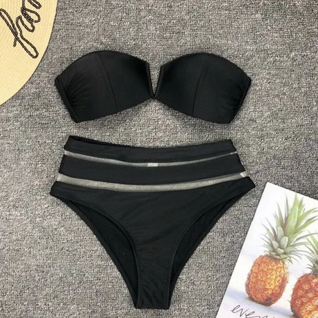 Upopby Sexy Solid Women's Swimsuit Hollow Bandeau High Waist Bikini Set