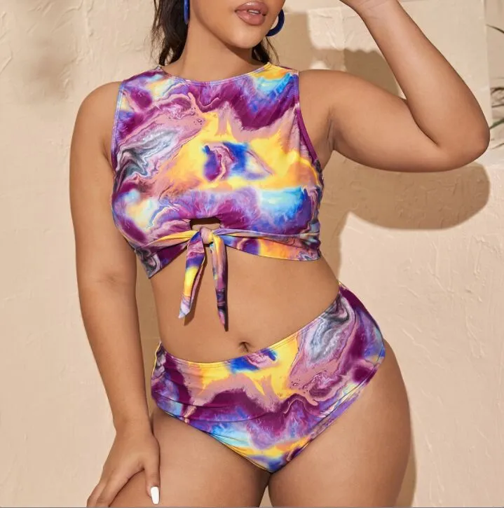 Upopby Sleeveless Short T-shirt Tie-Dye High Waist Bikini Set