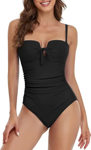 Upopby Women's Bandeau One Piece Swimsuits Tummy Control Bathing Suit for Women Strapless Slimming Push Up Plus Size Swimwear