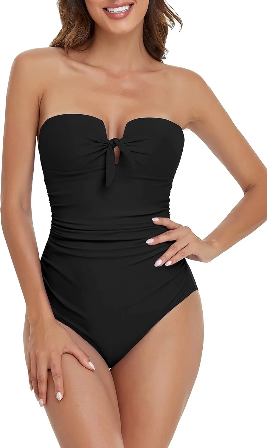 Upopby Women's Bandeau One Piece Swimsuits Tummy Control Bathing Suit for Women Strapless Slimming Push Up Plus Size Swimwear