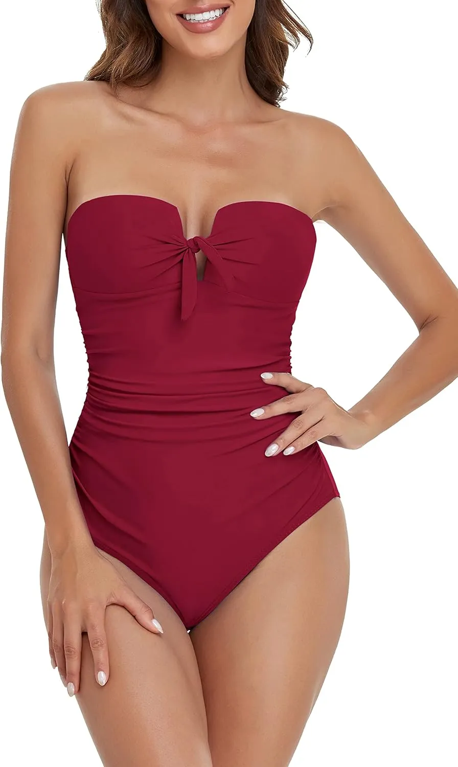 Upopby Women's Bandeau One Piece Swimsuits Tummy Control Bathing Suit for Women Strapless Slimming Push Up Plus Size Swimwear