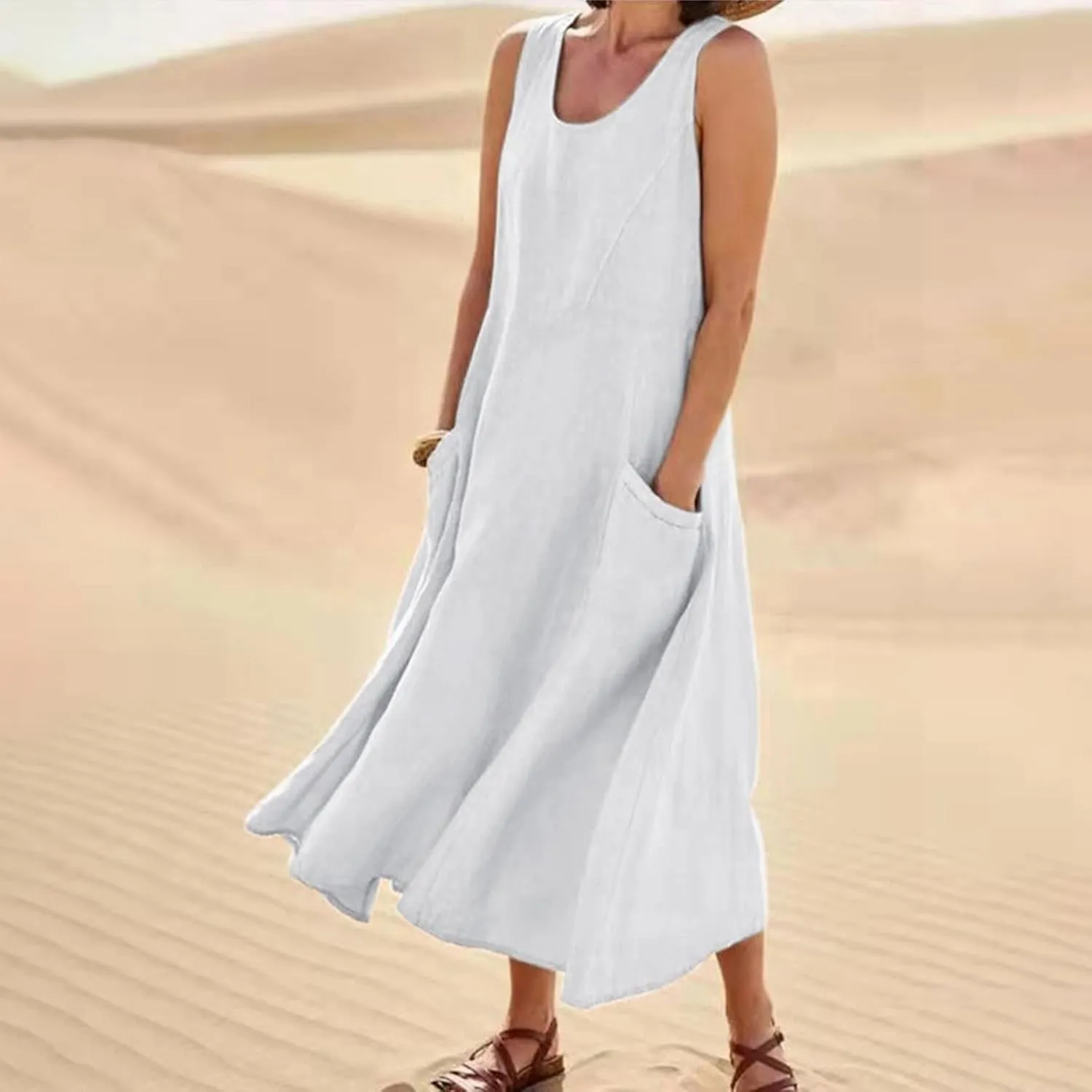 Vacation Dresses for Women 2025 Beach Summer Sleeveless Linen Maxi Dress Boho Flowy Plus Size Sun Dresses with Pocket